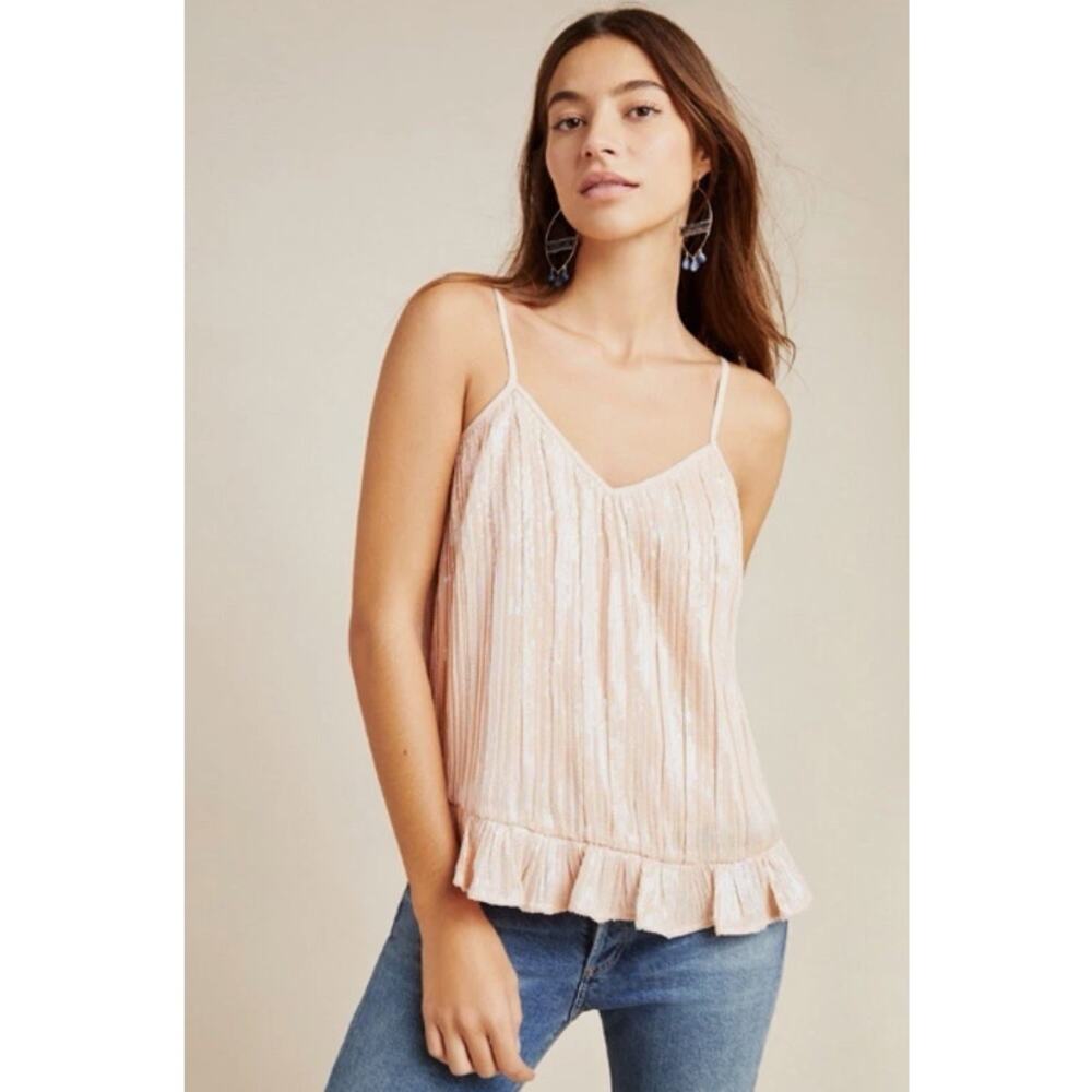 Anthropologie Amelie Iridescent Sequin Camisole Ruffled Hem Pink/Rose Sz 6 NWT